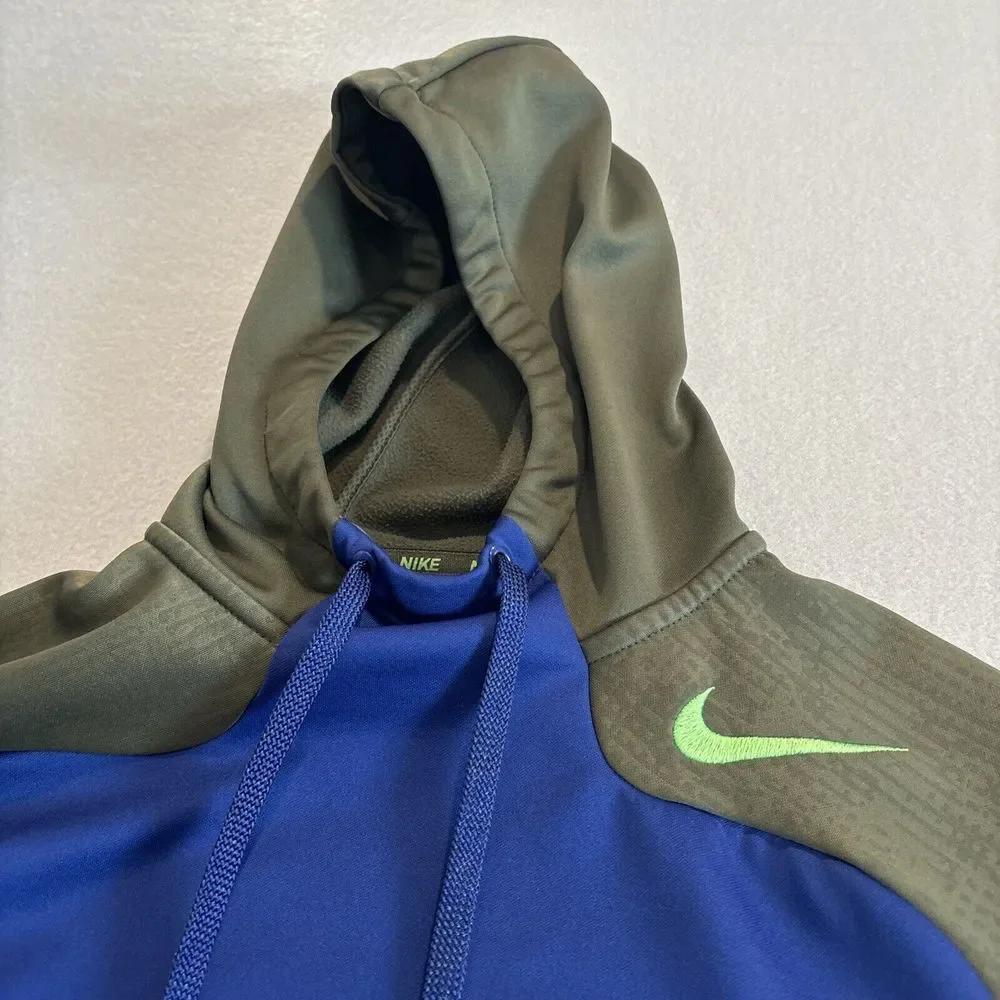 Nike Therma-Fit MEDIUM BLUE/OLIVE GREEN Hoodie‎ Jacket Mens Logo EXCELLENT